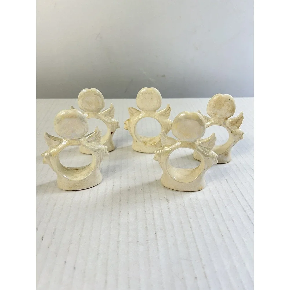 Vintage Iridescent Ceramic Angel Napkin Rings Set of 5 Cream Pearlized Finish